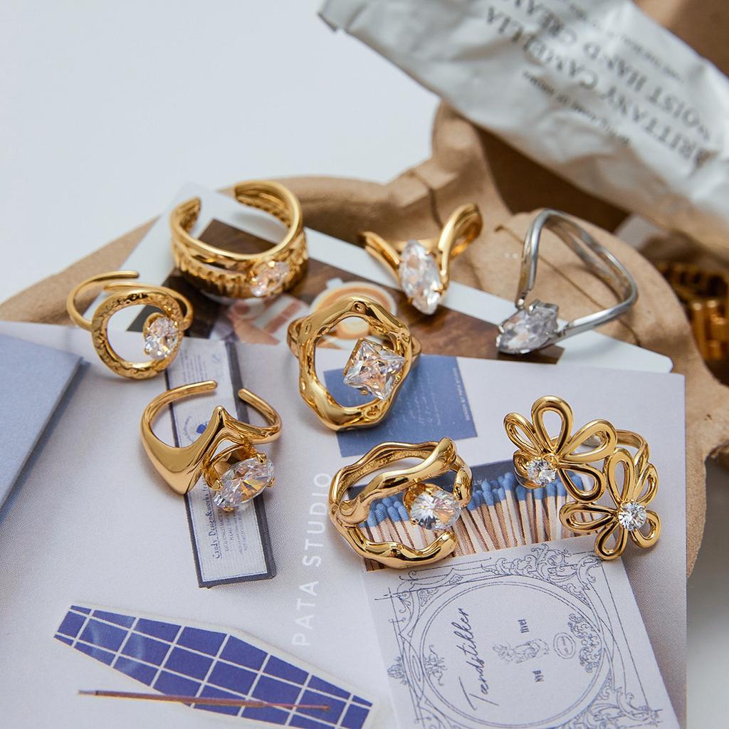 Youthway Белый Циркон Паве Металлическое Геометрическое Кольцо из Нержавеющей Стали Модное Украшение на Палец Водонепроницаемое Минималистичное Регулируемое Кольцо