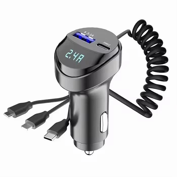 55W 2 Ports USB Fast Car Phone Charger 3.1A with Voltage Display Retractable Charging Cable 3 In 1 for Samsung Xiaomi iPhone