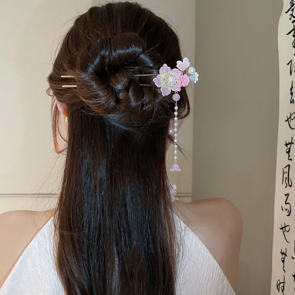 Милые цветы жемчужная кисточка шпилька для волос изысканный цветочный головной убор старинный стиль палочка для волос ханьфу