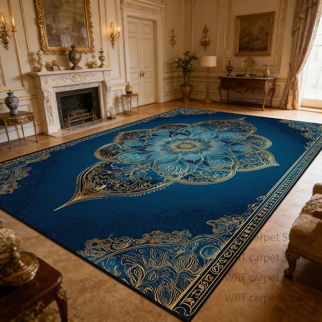 Роскошный ретро сине-золотой ковер для гостиной, короткий велюр, европейский стиль, моющийся, мягкий, для больших площадей, коврики для столовой, спальни