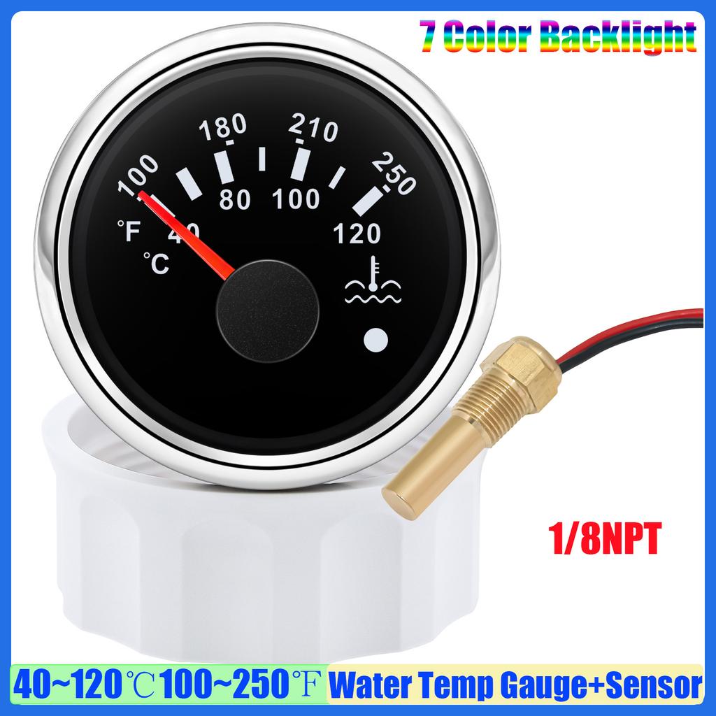 Car 7 Color LED 52mm Water Temp Gauge with Alarm 40~120℃,100~250℉ Water Temperature Meter+Sensor 1/8NPT,M14X1.5,M16X1.5,3/8NPT