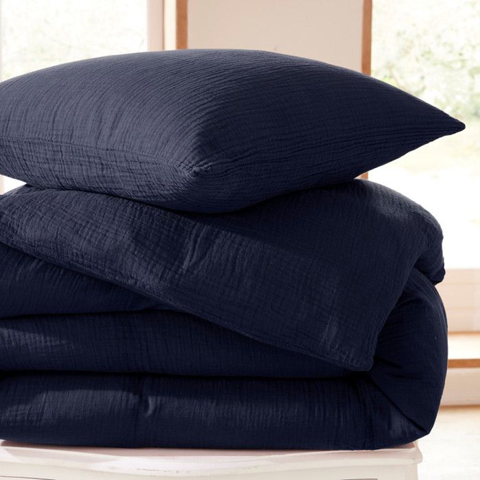 Pack complet 4 pièces "Noah" Gaze de Coton 240 x 220 pour lit 2 Places 160 cm - Noah Bleu Nuit