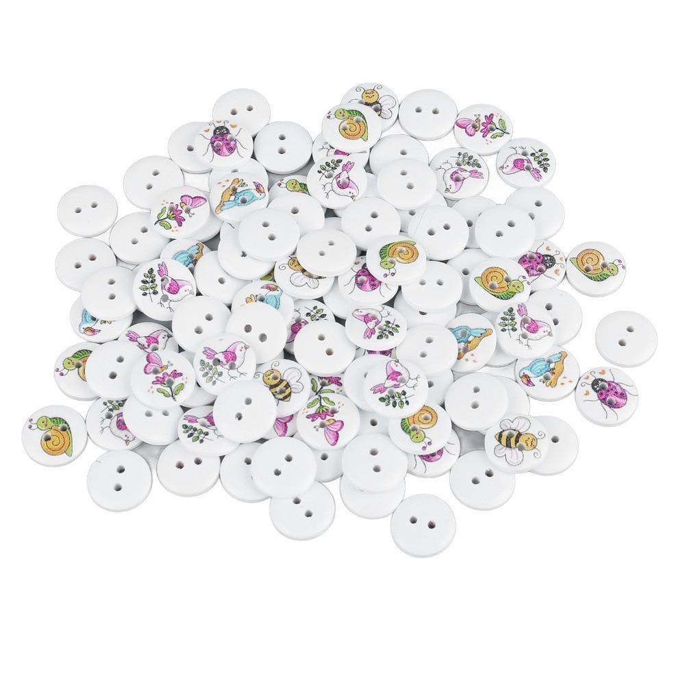 100pcs 2 Holes Wooden Buttons Mixed Printed Round Buttons Vintage Decorative Buttons For DIY Crafts