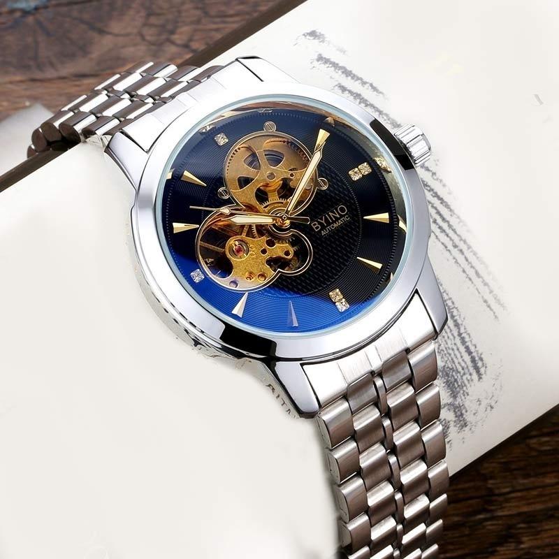BYINO Мужские механические водонепроницаемые часы из золотой стали