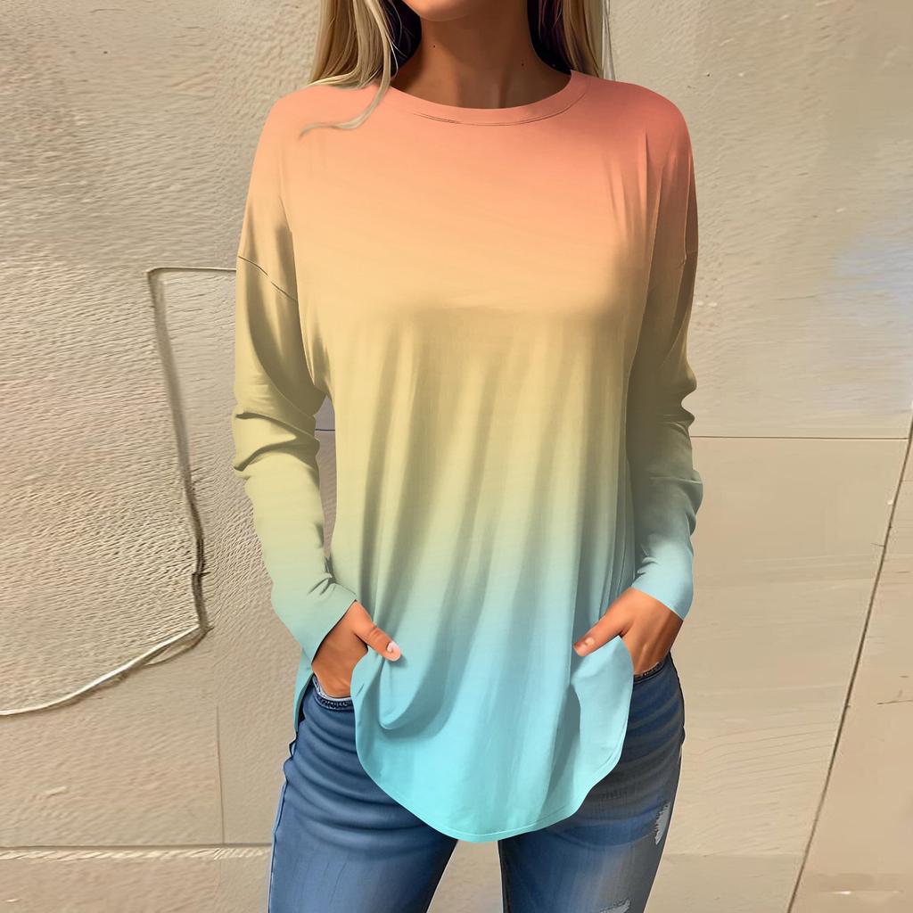 Футболки для женщин, осенние повседневные рубашки с длинными рукавами, толстовка с градиентным принтом, топ, пуловер