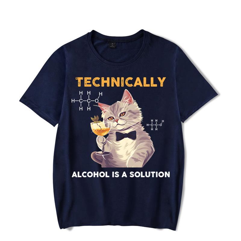 Technically Alcohol Is A Solution Graphic Tshirt Funny Cat Drinking Beer Tshirt Fashion Harajuku T-shirt Women Men Tops
