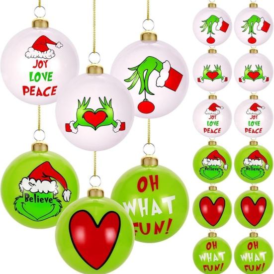 12Pcs Christmas Ornaments Santa Claus Hat Pattern Green White Shatterproof Balls Set Xmas Tree Decorations