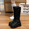 Черные американские ретро универсальные сапоги на толстой подошве до колена женские новые летние 2025 года утягивающие и увеличивающие рост рыцарские сапоги