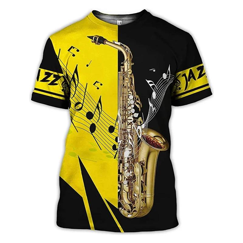 3D Print Saxophone Men Women T-shirts Summer Casual Short Sleeve Jazz Tshirts Streetwear O Neck Oversized Harajuku Y2k Kids Tops