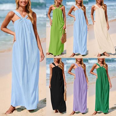 Женское модное и сексуальное однотонное платье без рукавов с V-образным вырезом для пляжного отдыха