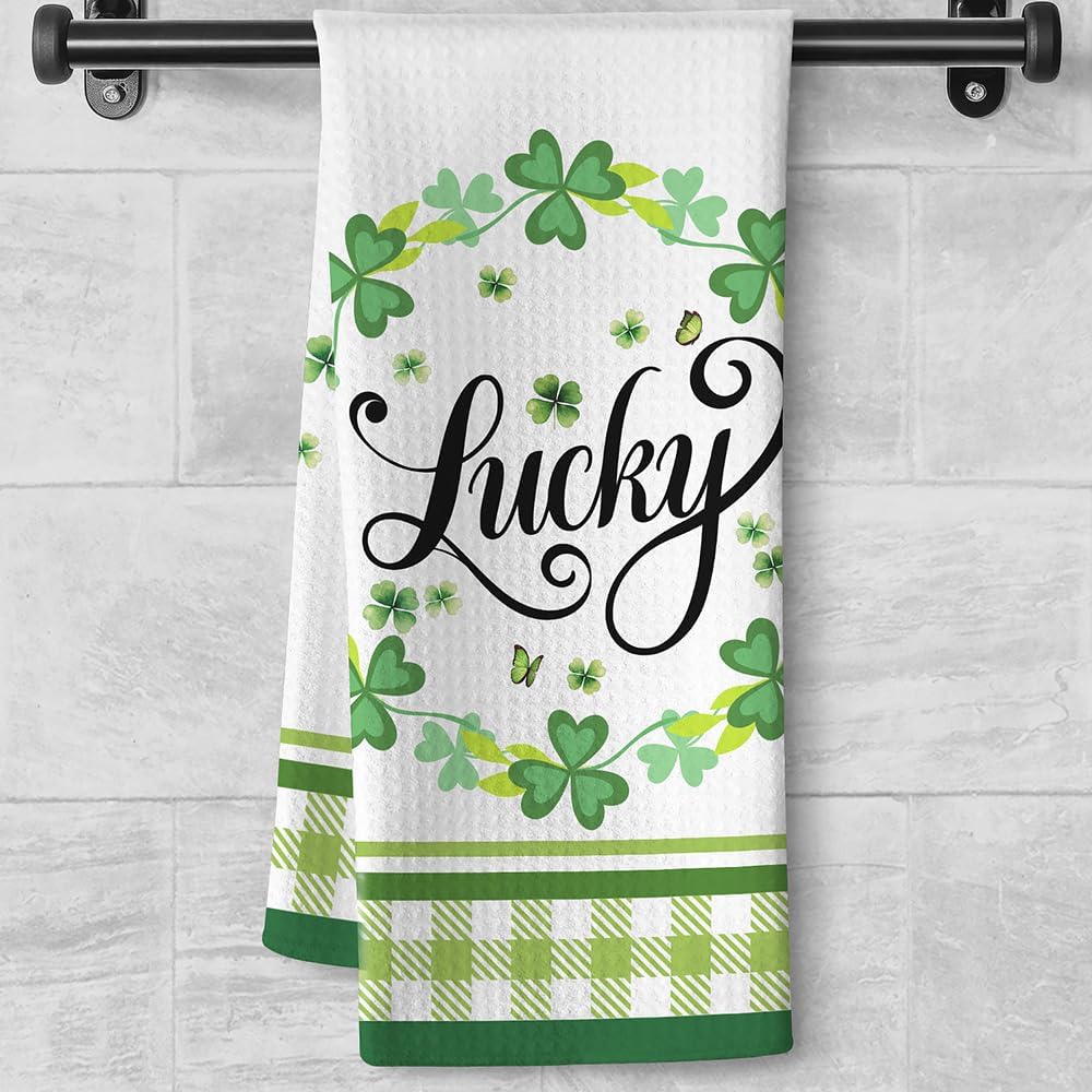 St Patricks Day Luck Green Kitchen Towels - Shamrock Wreath Quick-Dry Embroidered 'Lucky' Centerpiece Art, Irish-Themed Decorative Hand Towel for