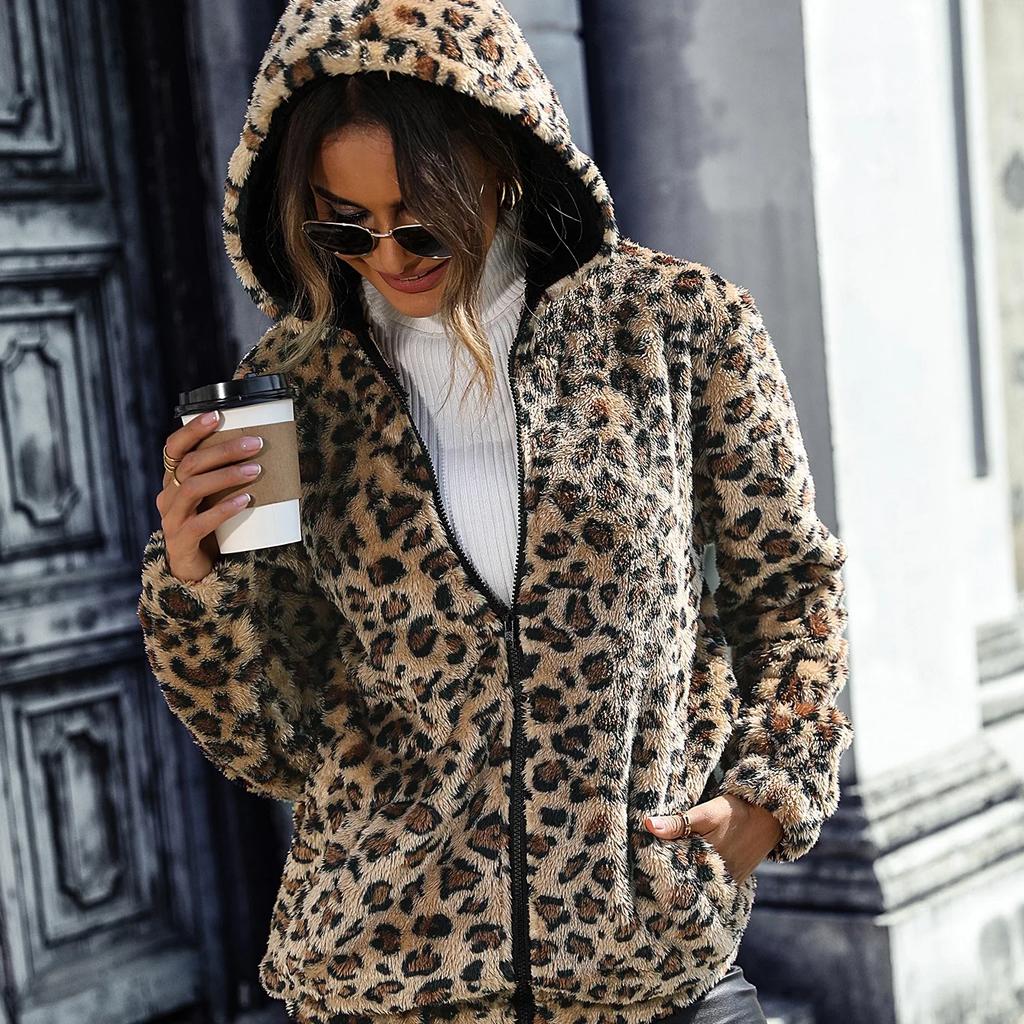Autumn and Winter Women's Hooded Long Sleeved Leopard Print Double Sided Velvet Loose Casual Coat High Quality Unique