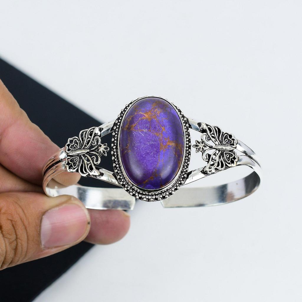 Браслет-манжета из натурального фиолетового медно-бирюзового драгоценного камня ручной работы из стерлингового серебра 925 пробы, бирюзовый браслет, для жены, браслет унисекс, подарки на Пасху