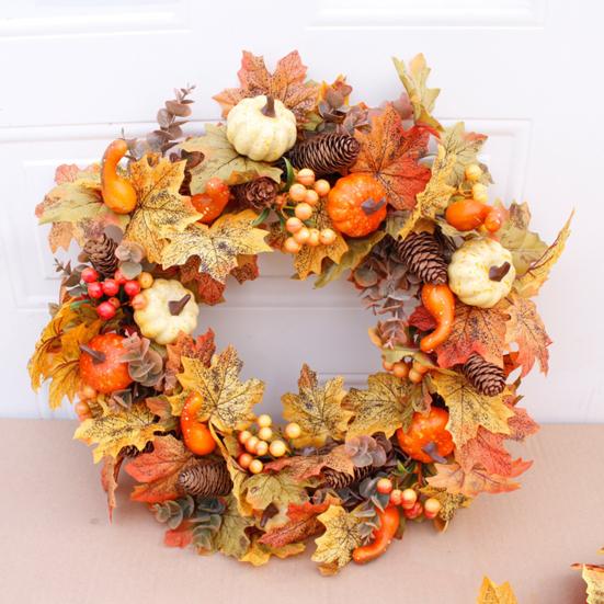 18 Inch Fall Wreath for Front Door Autumn Artificial Wreath with Pumpkin Maple Leaves Berries Pine Cones for Thanksgiving