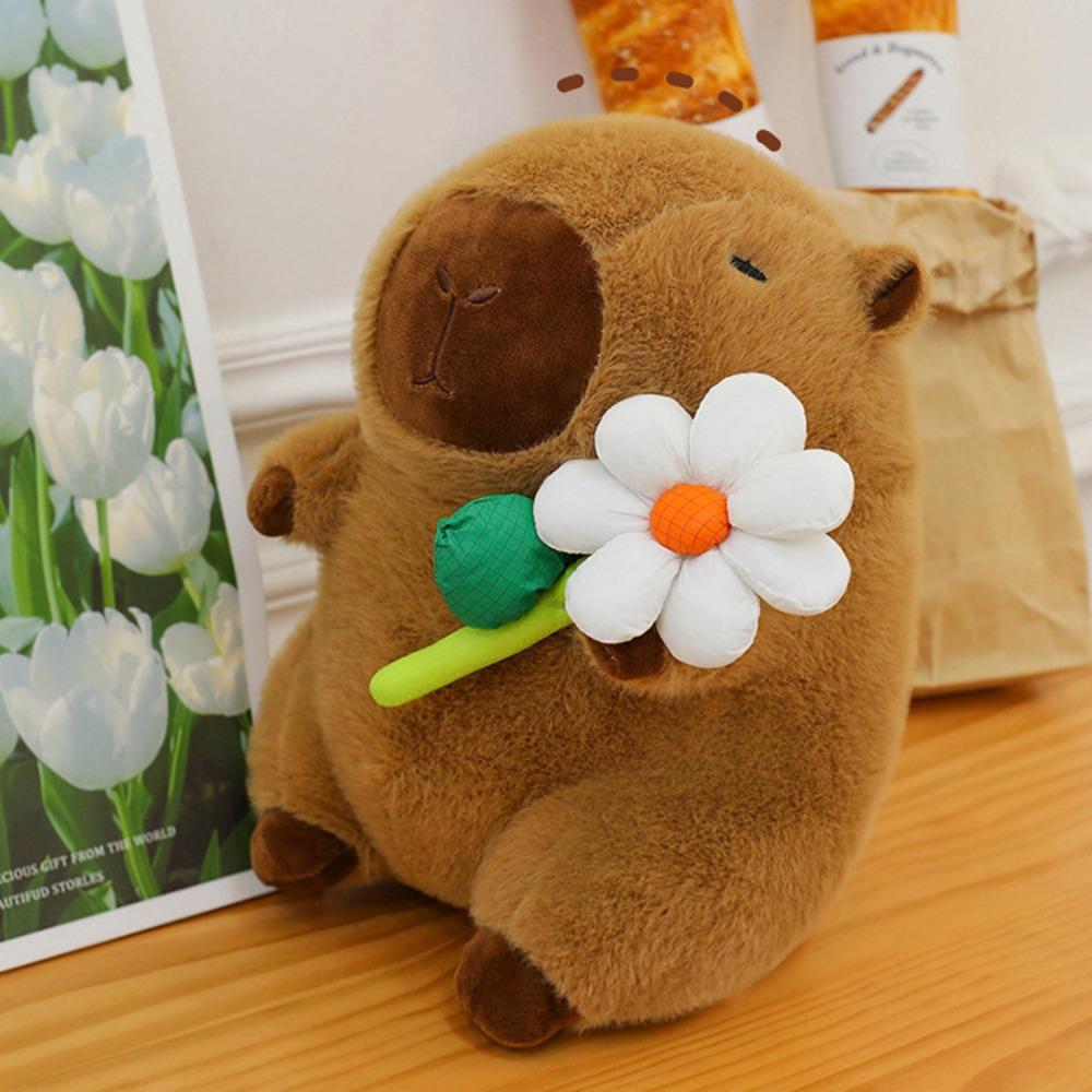Brown Capybara Plush Doll Fluffy Capybara Stuffed Doll Lovely Flower Capybara Plush Toy  Birthday