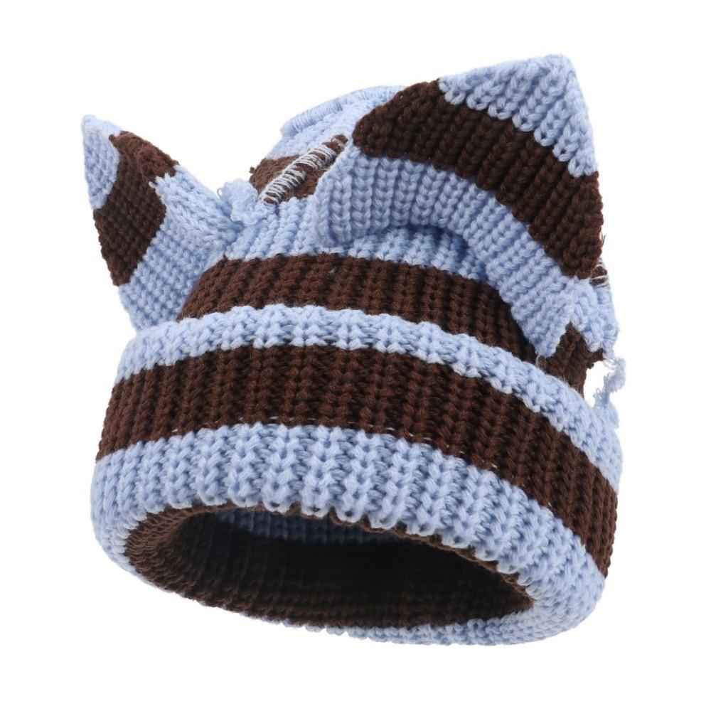 Stretchable Knit Cat Ear Beanie Yarn Striped Beanie Gifts Knitted Beanie Hat Women and Men
