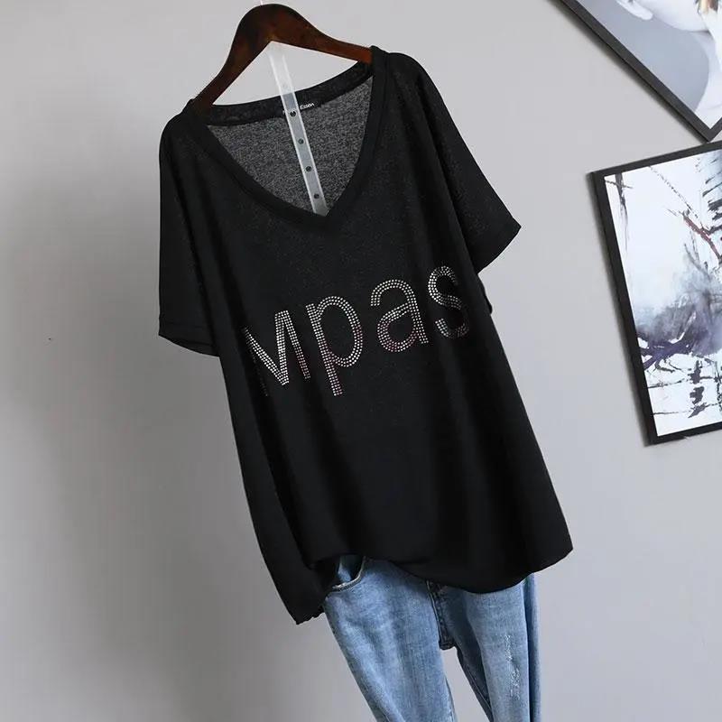 Extra Large Size T-shirt Women's Summer V-neck Clothes Fashion Loose Diamond-studded Letter Short-sleeved T-shirt Women