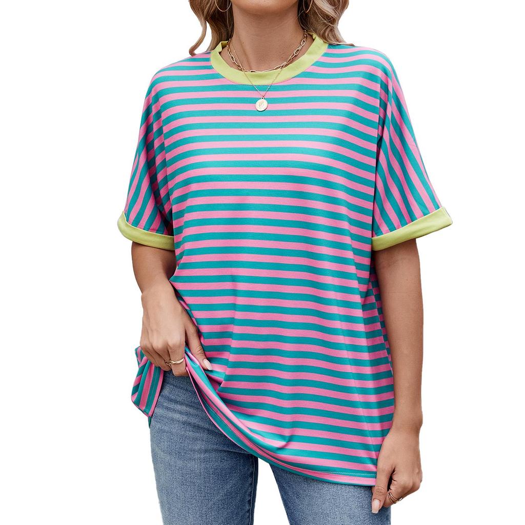 2025 весна и лето новый полосатый контрастный цвет круглый вырез свободный женский короткий рукав футболка топ