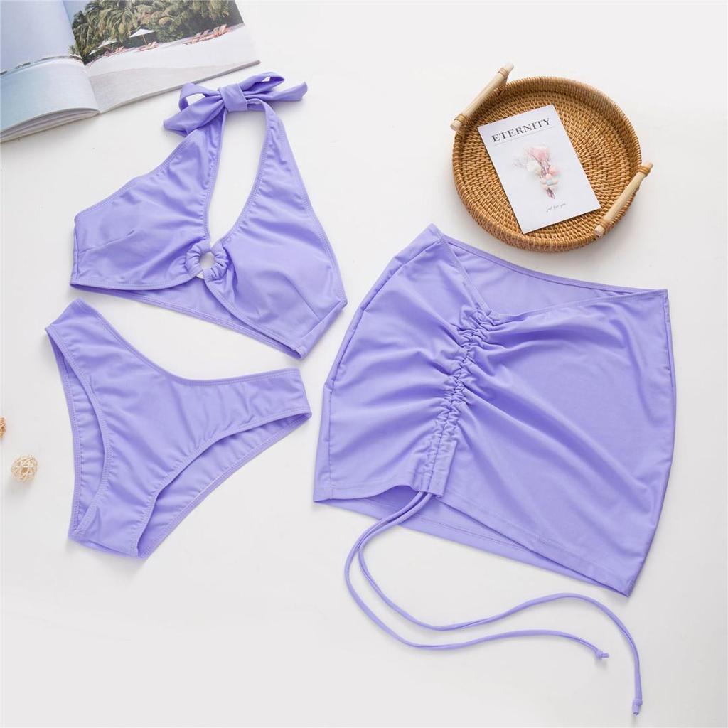 3PCS With Skirt Halter Lace Up Bikini Women Swimwear Female Swimsuit Three-pieces Bikini Set Bather Bathing Suit Swim Lady