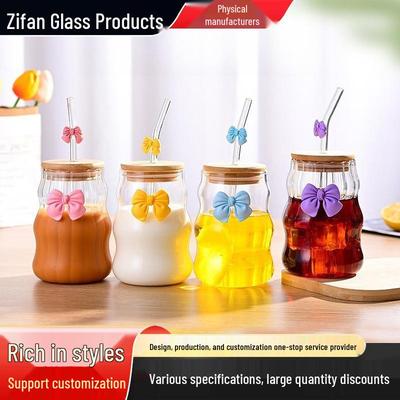 Большая Милая Стеклянная Чашка для Питья в Форме Облака - Устойчивая к Высоким Температурам, Однослойная, Дизайн с Бантиком, Боросиликатное Стекло