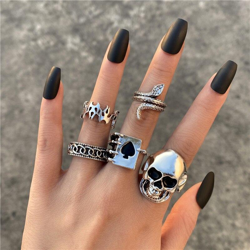 17KM Retro Hiphop Snake Skeleton Skull Rings Set For Men Women Punk Silver Plated Butterfly Chain Rings 2022 Trend Jewelry Gifts