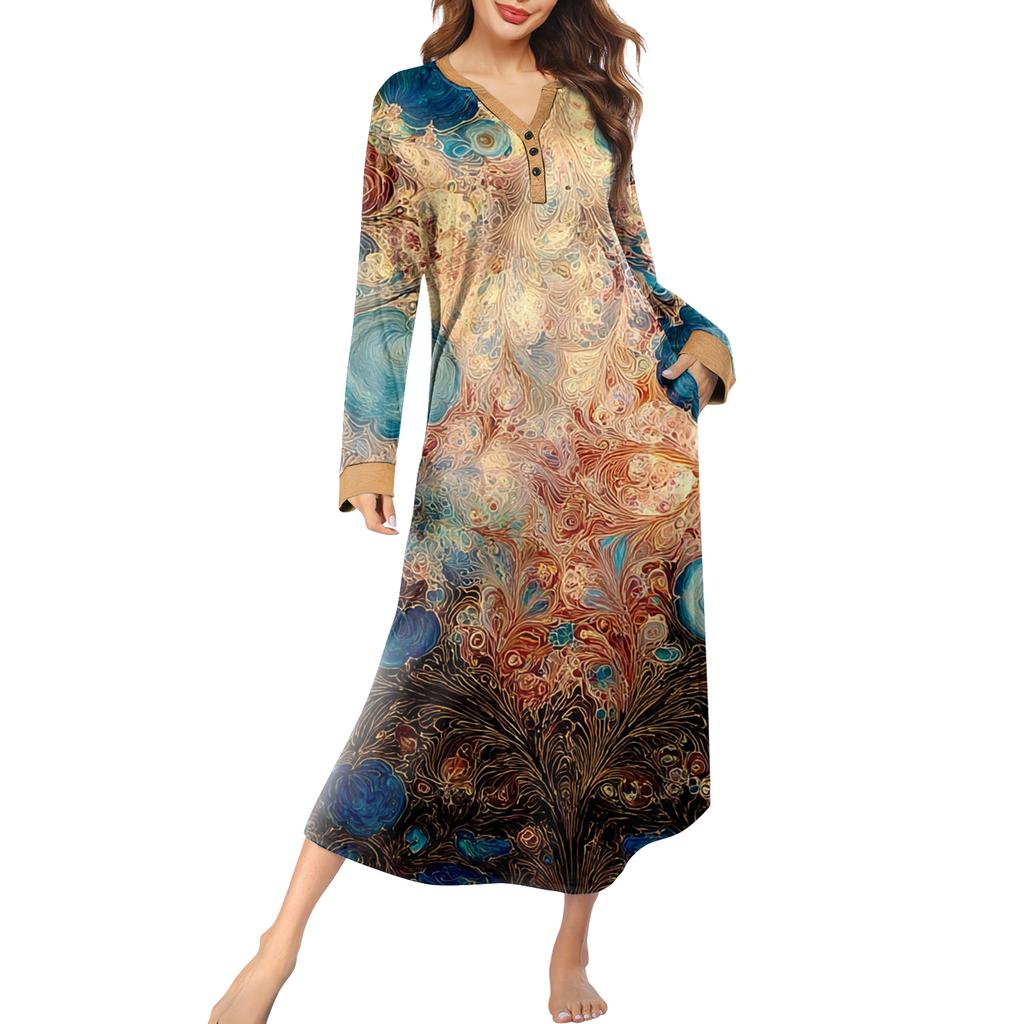 Женская ночная сорочка длинная домашняя одежда с V-образным вырезом и карманами