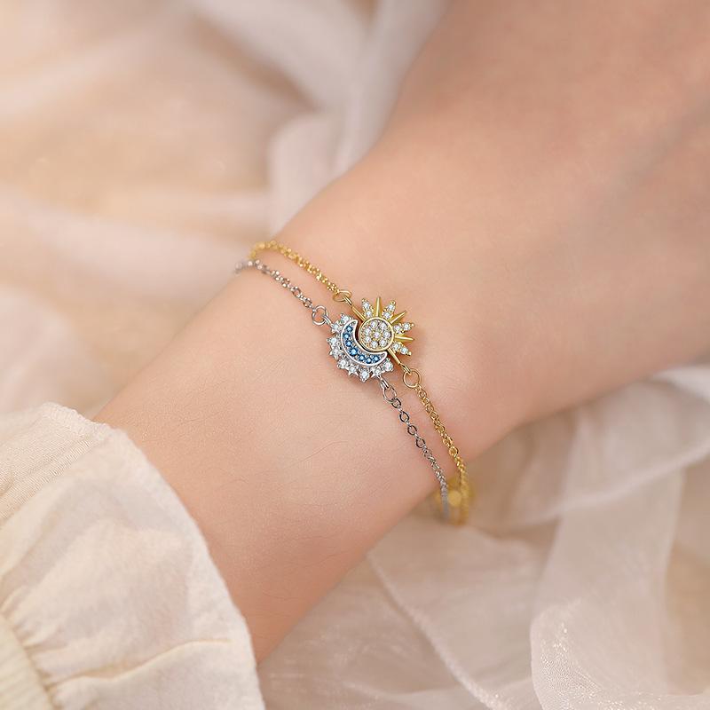 2Pcs Shiny Cubic Zircon Sun & Moon Bracelet Set For Women Adjustable Couple Bracelets Party Wedding Jewelry Gift