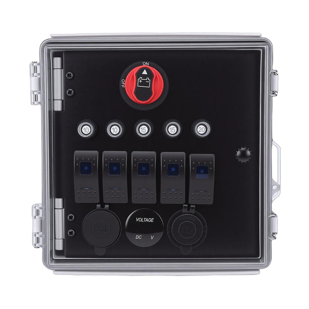 Rocker Switch Water Proof Box 5 Gang 3 Position LED Toggle Switch Panel with Voltmeter USB Charger Style B