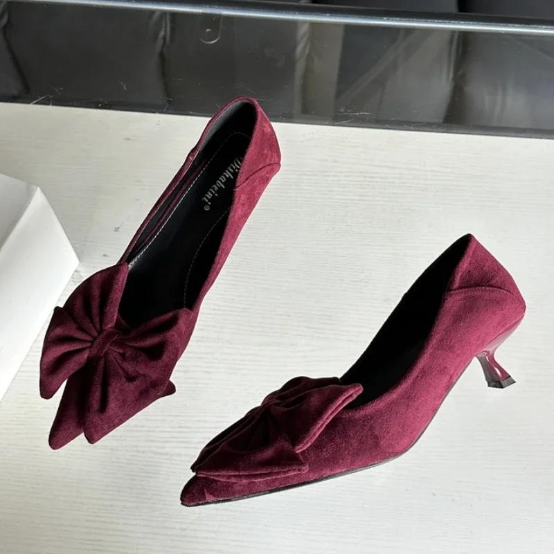 Распродажа женской обуви 2024 года, модные женские туфли-лодочки One Kick, осенние туфли с острым носком и бантом, однотонные сексуальные туфли на шпильках или тонких каблуках