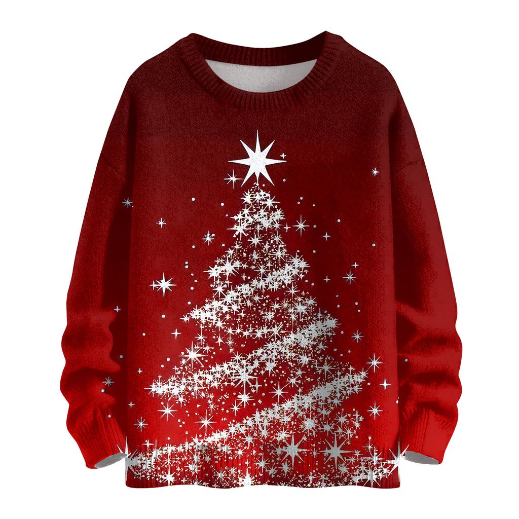 Ladies' Fashionable Casual Long Sleeved Christmas Printed Round Neck Knitted Yarn