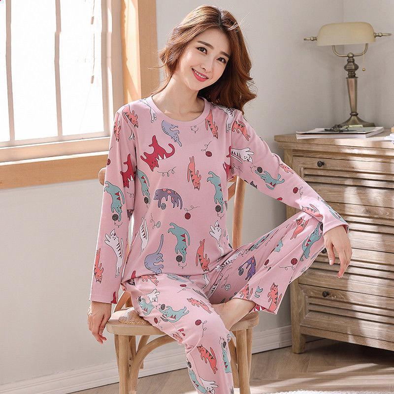 Женский мультяшный пижамный комплект - Рубашка с длинным рукавом и брюки, Домашняя одежда для маленьких студенток на весну и осень