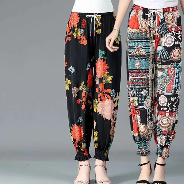 WTEMPO 2PCS Printed Thin Mother's Loose Ice Silk Wide Leg Pants Elastic High Waist Women's Spring Summer Cropped Pants