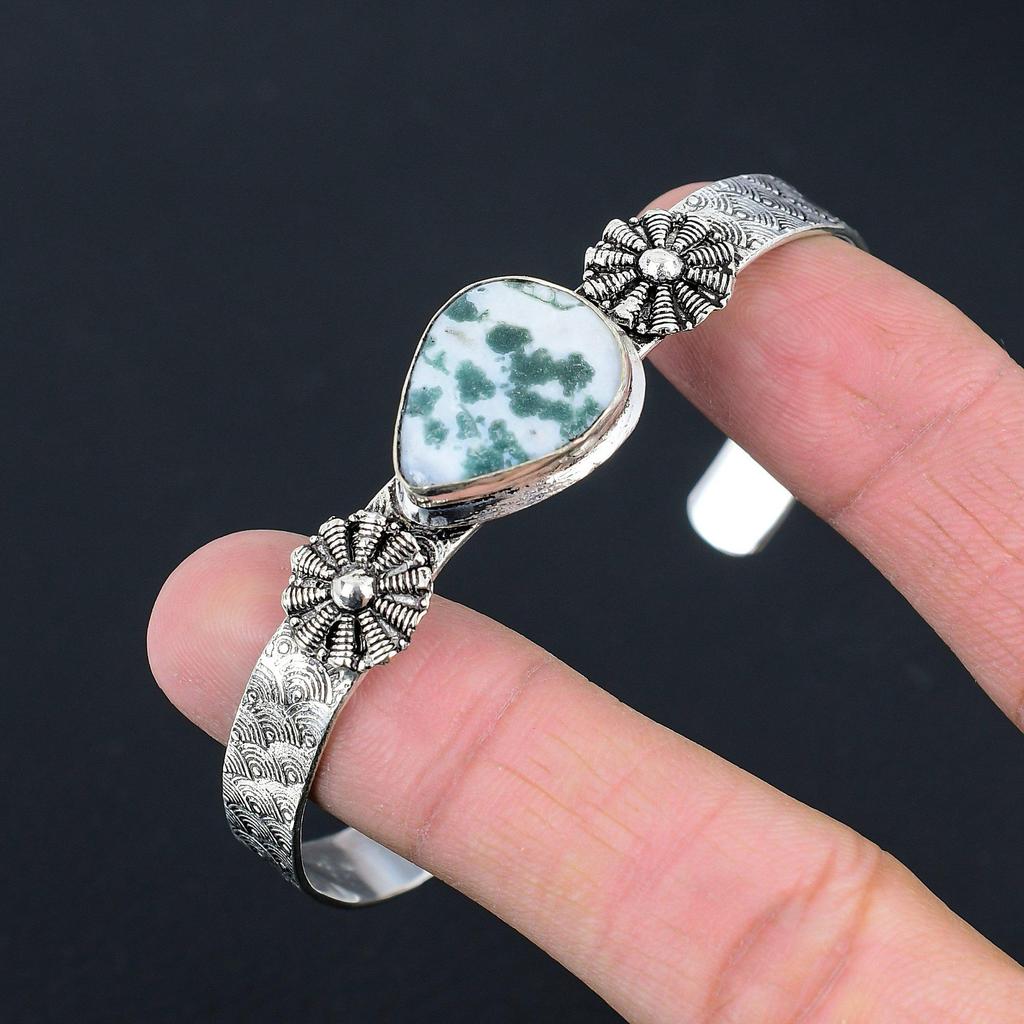 Распродажа ко Дню сестер Браслет Арт-деко с драгоценным камнем Древесный агат Ювелирные изделия из серебра 925 пробы