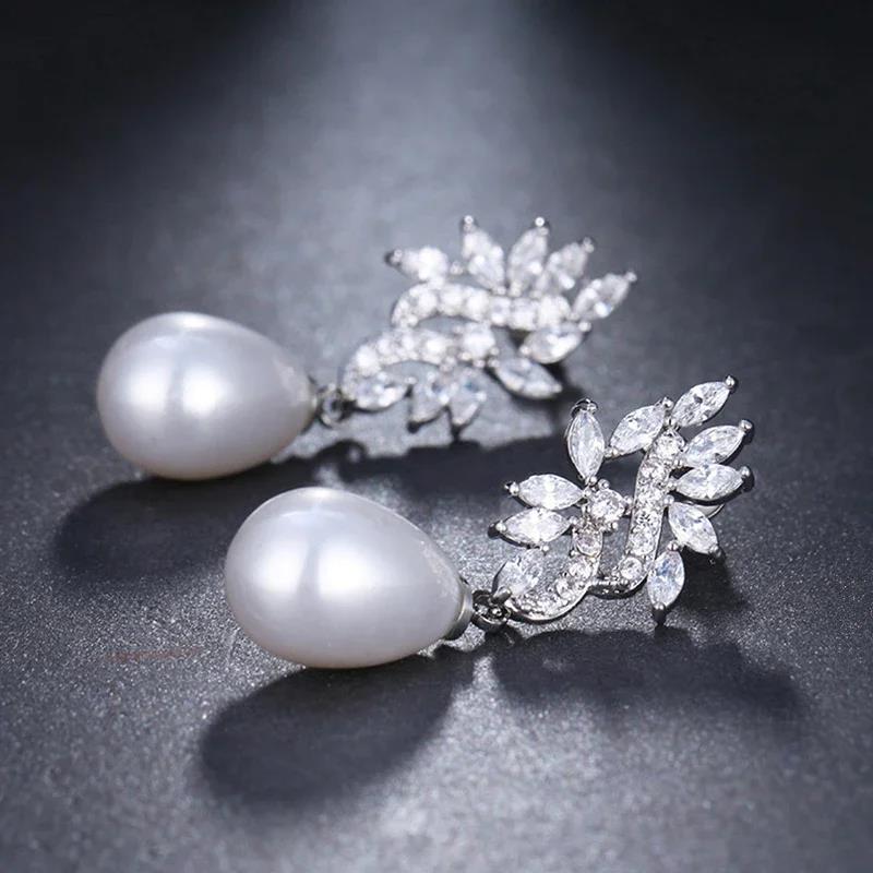 Huitan Noble Water Drop Design Imitation Pearl Women Drop Earrings Inlaid CZ Fashion Wedding Elegant Party Accessories Jewelry 1