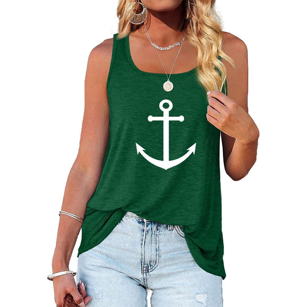 Женская повседневная майка с круглым воротником, летняя свободная майка с бретелью через шею, женская модная рубашка без рукавов с принтом якоря