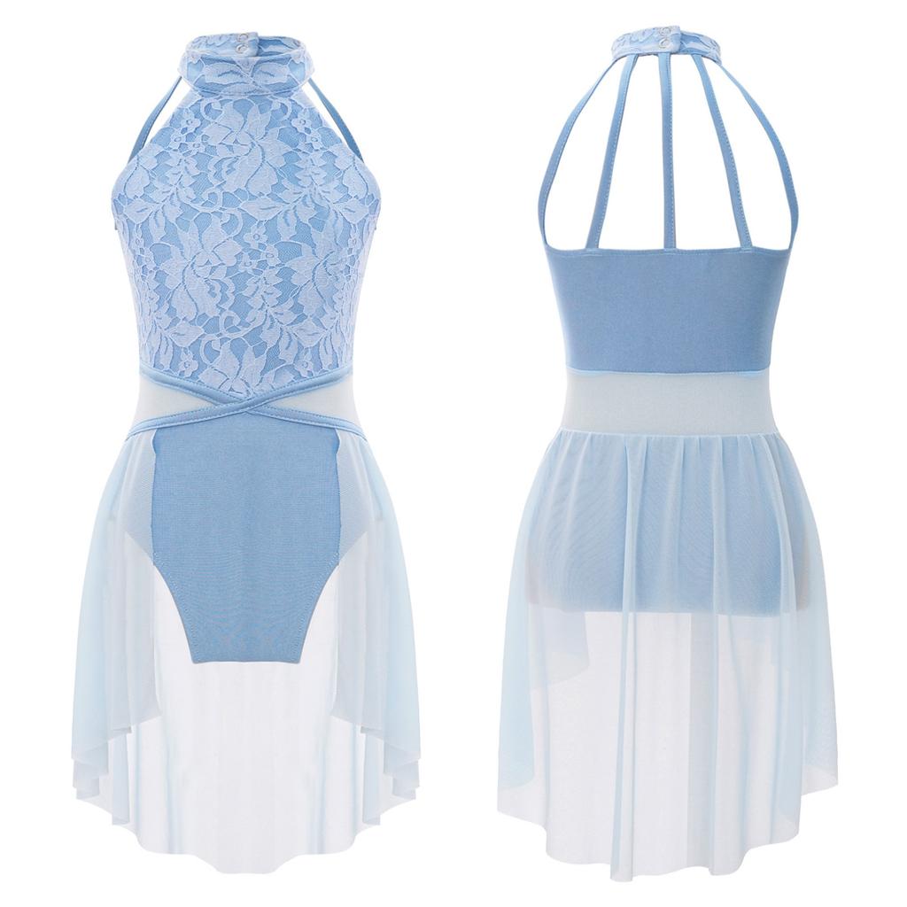 Лирическое платье для девочек, кружевное платье с цветочным принтом и открытой спиной, танцевальное трико с неровным подолом, детская танцевальная одежда