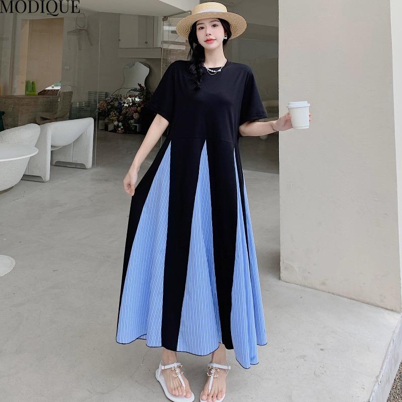 MODIQUE Summer Plus Size New Women Loose Color Contrast Fishtail Skirt A-Line Patchwork Long Dress Female Casual Short Sleeve O-Neck Dresses
