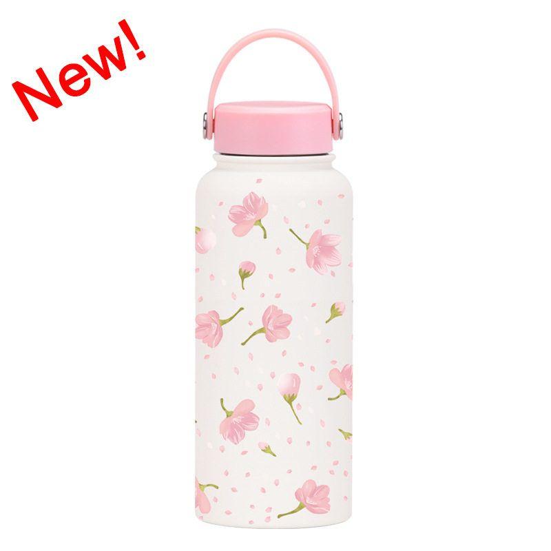 2025 New Model 1L Large Capacity Thermos Cup with Wide Mouth, Portable Handle, Sports Water Bottle, Outdoor Printed Water Cup for Women