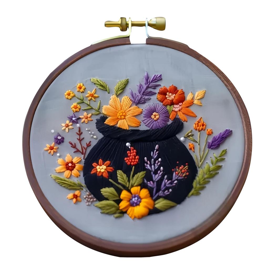 Floral Witch Hat Embroidery Kit Halloween Cross Material Set With Flower Pumpkin Patterns, DIY Hand Needlepoint Embroidery Craft Kit For Beginn