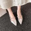 Fashion Elegant Patent Leather Low Heel Sandals for Women Shiny Crystal Pointed Toe Party Dress Shoes Size Comfort Slingback Sandals