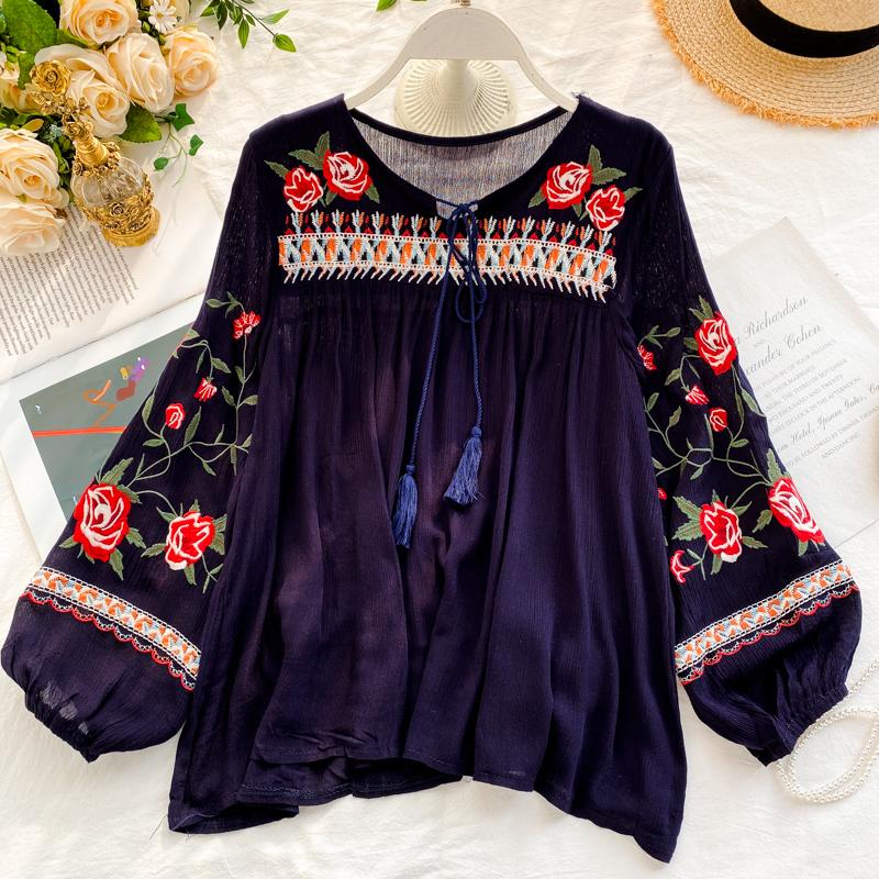 RUGOD Весенне-осенний праздник, этнический стиль, ретро, ​​тяжелая промышленность, вышивка, цветы, зарубежный стиль, рукава-фонарики, свободный универсальный топ