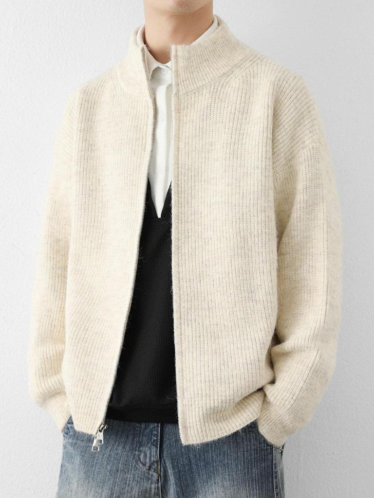 Мужской кардиган крупной вязки из шерсти - С воротником-стойкой, Повседневный стиль для весны и осени 2025