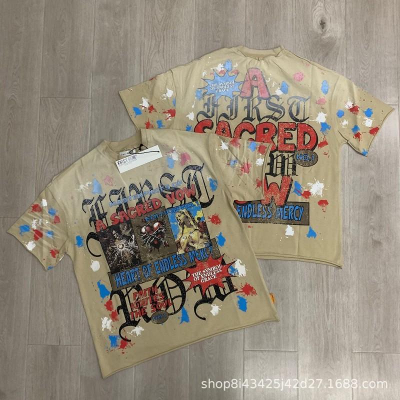 Unisex Oversized Box Fit Cotton Tee With Embroidered Rhinestone Washed Print Round Neck Short Sleeve Casual Top