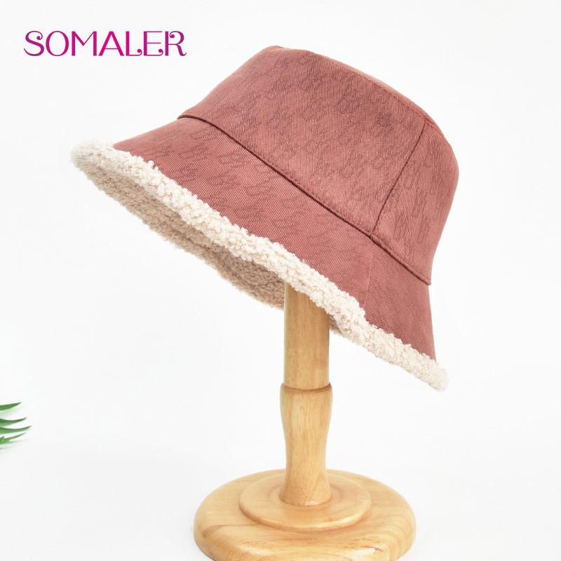 SOMALER Зимние теплые панамы для женщин, шляпа-ведро в стиле Харадзюку, однотонная шляпа рыбака для рыбалки, осенне-зимняя теплая панама из овечьей шерсти, уличная теплая кепка для женщин