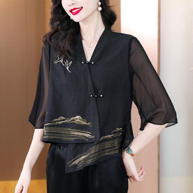Летние женские винтажные вышитые асимметричные блузки весна-лето элегантные рубашки
