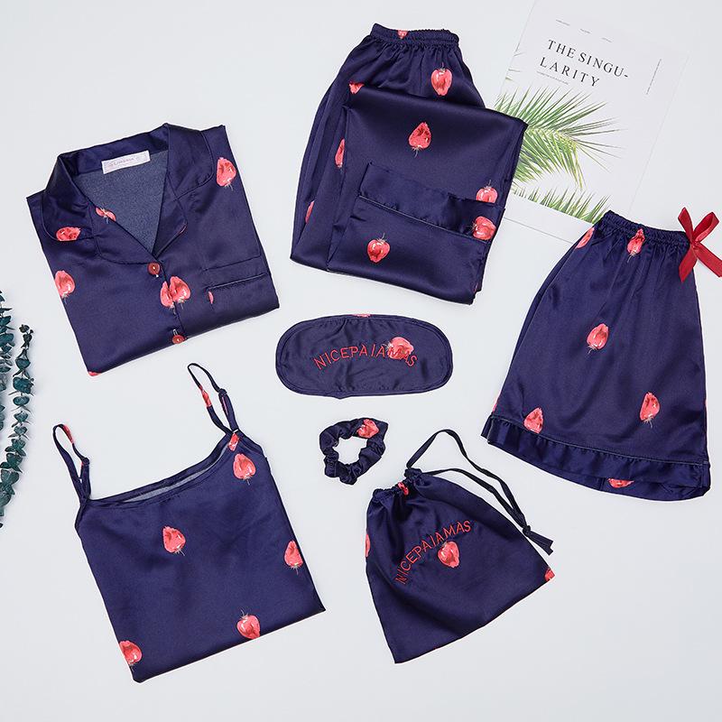 GMXIA Пижамный комплект из 7 предметов из искусственного шелка с клубничным принтом, Комплект из 7 предметов шелковой пижамы для весны, лета и осени, Домашняя одежда, Пижамные комплекты