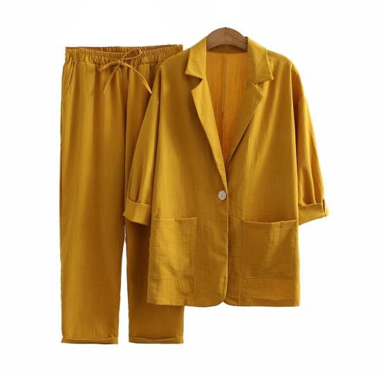 Весенне-летний женский костюм-двойка из хлопка и льна, пиджак, брюки, карманы, свободная модная повседневная одежда