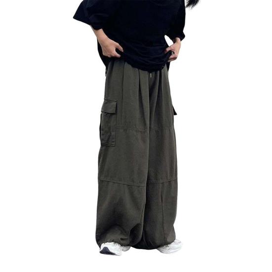 Men Pants with Multi Pockets Elastic Waist Wide Leg Oversized Vintage Cargo Pants Solid Color Streetwear Slacks for Outdoor Hiking Camping