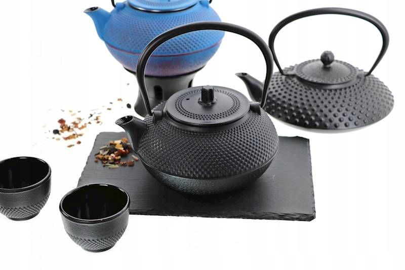 CAST IRON CUPS AND BOTTLES SET FOR 4 PEOPLE FOR TEA AND HERBS 100 ml BLACK