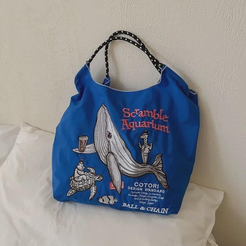 Сумка через плечо из экологически чистого нейлона с вышитым изображением японского и корейского кита - новая модная сумка для поездок на работу и хранения вещей